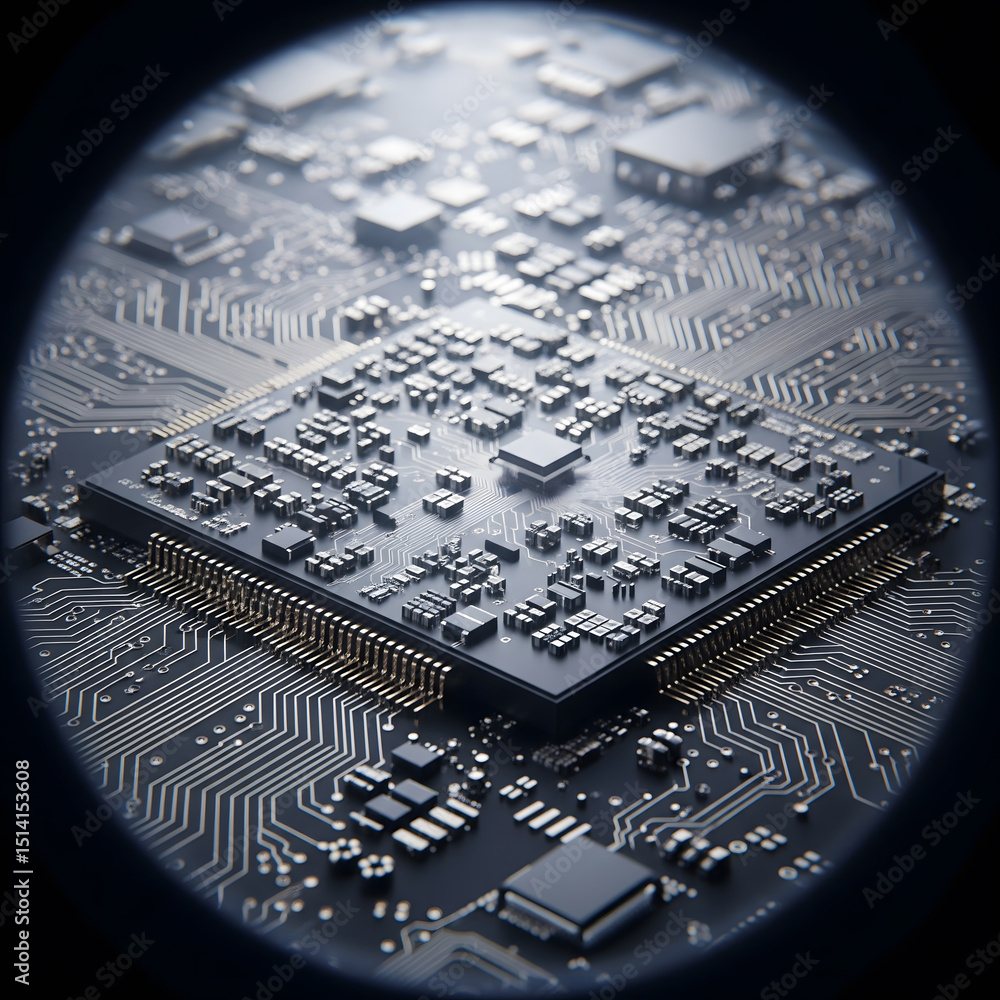 Poster an illuminated macro view captures the intricate details of a dark electronic circuit board with num