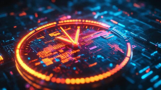 Futuristic Digital Clock Displaying Time on a Complex Circuit Board Background