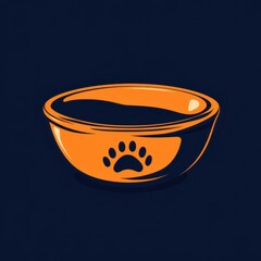 Empty orange pet food bowl with paw print on a dark background