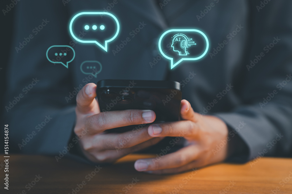 Aufkleber Person using a smartphone with technology smart robot AI chatbot for chat. digital chatbot are assistant conversation for provide access to data growth of business in online network.