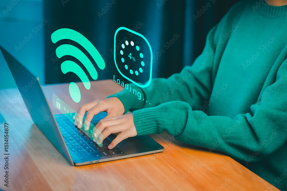 Poster Person typing on a laptop with glowing Wi-Fi and loading graphics, symbolizing internet connectivity, online access, download digital business data form website, and slow data transfer progress.
