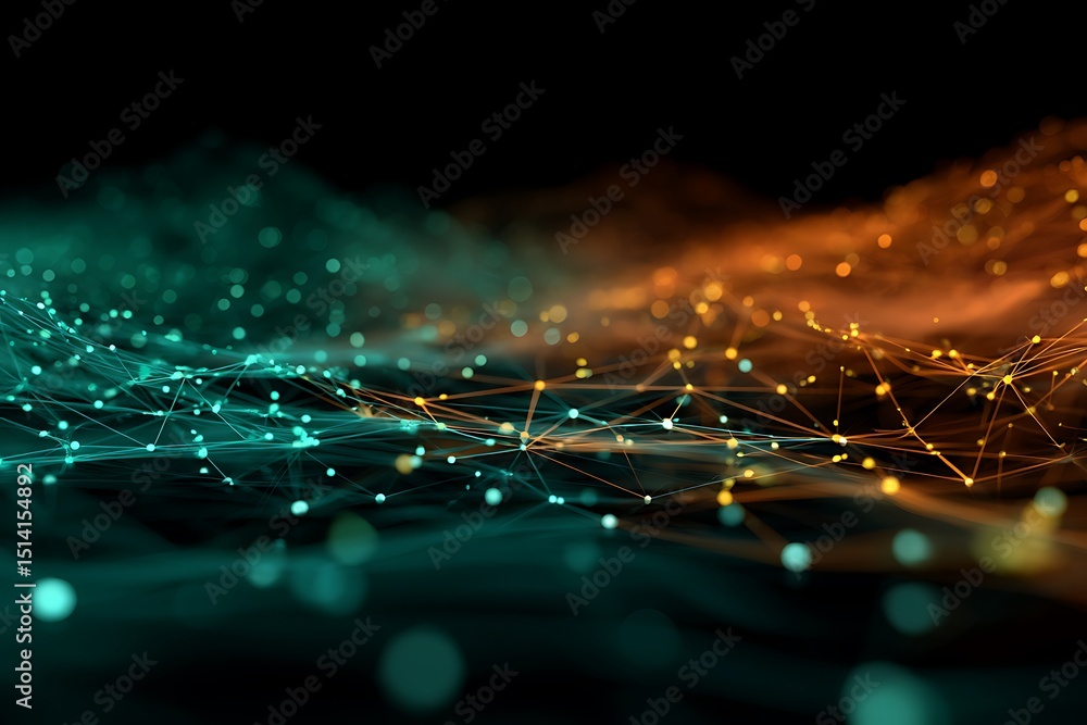 Poster abstract neural network connecting turquoise and orange nodes on a black background