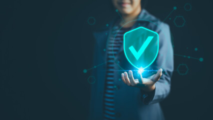 User show on hand identity proofing icon for security protection system on virtual screen. Concept of Quality assurance of business service, Certified guarantee approval or secure access system.