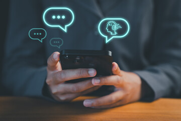 Person using a smartphone with technology smart robot AI chatbot for chat. digital chatbot are assistant conversation for provide access to data growth of business in online network.