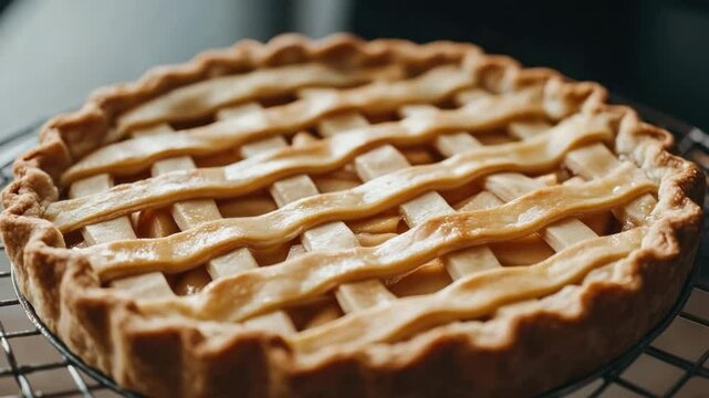 Freshly Baked Apple Pie on Cooling Rack Displaying Golden Crust and Lattice Top with Warm Rustic Background