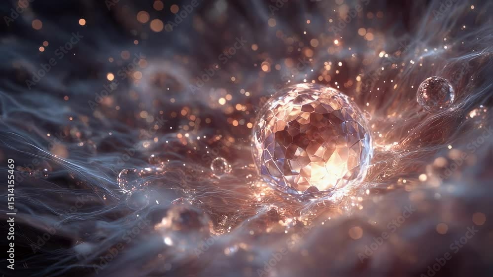 Poster orange light illuminates a faceted crystal sphere resting on ethereal clouds, surrounded by shimmeri