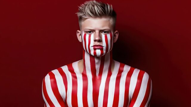 Young man with striking body paint standing against a bold red background, showcasing artistic expression and creativity