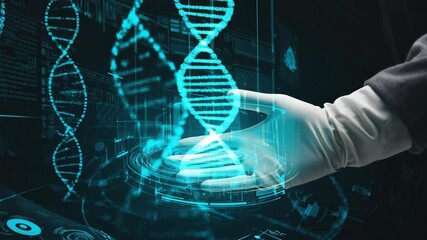 Scientist hand wearing white glove interacts with glowing DNA strand hologram in high-tech futuristic lab, surrounded by digital data and molecular graphics for genetic code research, biotechnology. - Powered by Adobe