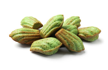Tasty matcha madeleine cakes isolated on white