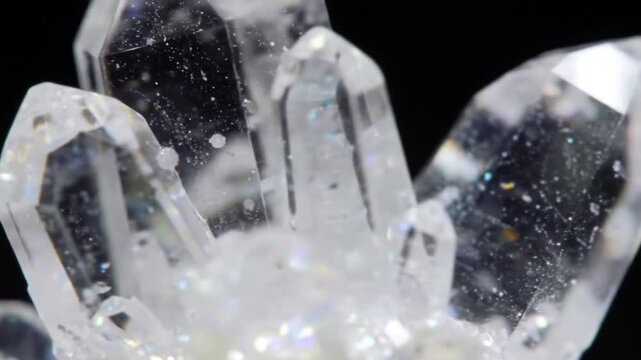 Close-up of transparent quartz crystals sparkling under light.