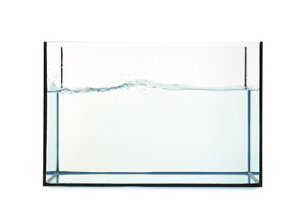 Glass aquarium with splashing water isolated on white