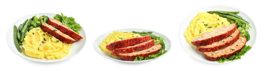Delicious baked turkey meatloaf, mashed potato and vegetables isolated on white, set