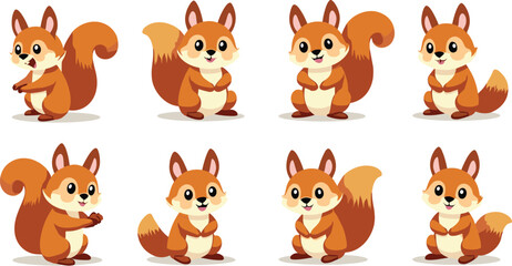 Cute squirrel mascot vector set. Adorable, playful clip art isolated on transparent background. Ideal for kids’ projects, wildlife themes, and fun designs.