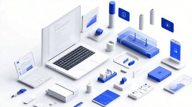 Modern workspace isometric design featuring laptop, phone and stylish minimalist elements