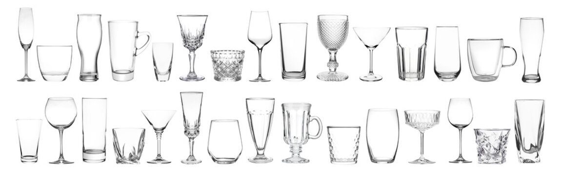 Different empty clean glassware on white background, collage