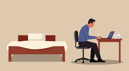 Man sits at desk working on laptop next to an unmade bed, concept of overwork, mental fatigue, or emotional exhaustion in everyday life, flat vector illustration