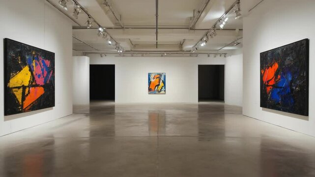 Modern art gallery with abstract paintings displayed on white walls under ceiling spotlights, showcasing contemporary artwork in clean, minimalist interior space dedicated to creativity, visual design