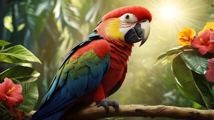 Obraz premium Colorful Parrot Perched on a Branch, Tropical Exotic Bird Close up