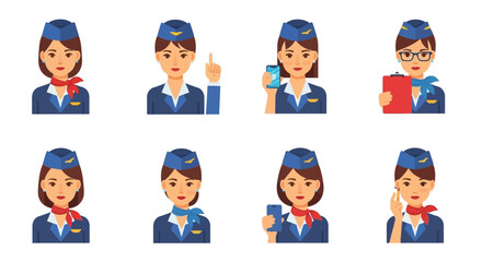 Diverse Poses of Female Flight Attendants in Uniforms with Accessories