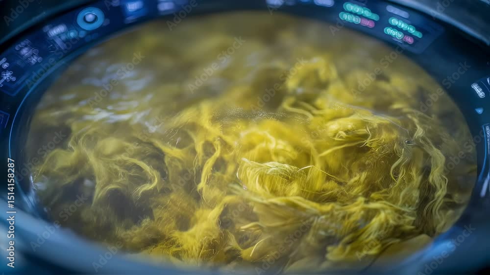 Poster yellowish yeast and bacteria swirl inside a fermentation vat, monitored by digital screens displayin