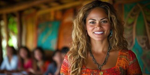 Obraz premium A woman with long brown hair is smiling and wearing a necklace