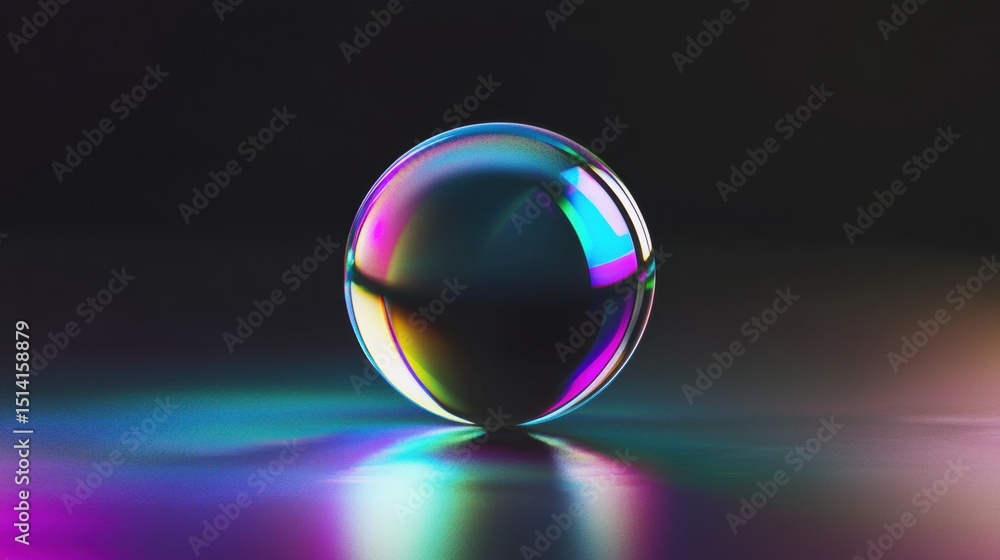Poster shimmering iridescent soap bubble with rainbow reflection on dark background