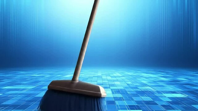 A broom sweeps a digital, blue, gridded floor.  The scene suggests cleaning or clearing digital space