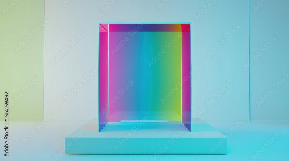 Poster translucent rainbow gradient cube on white textured platform in cool tones minimalist composition