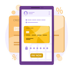 Financial Application on Smartphone Sync with Bank Account Data of Credit Card for Fintech, E-Banking, Online Shopping and Card Payment Concept Illustration
