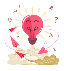Light Bulb Idea Character and Paper Plane for Creative Thinking Concept Illustration Clip Art