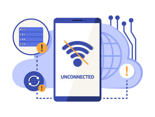 Smartphone with Notification No Wi-Fi Signal Unconnected with Cloud Computing Server for Internet and Wireless Connection Technology Concept Illustration