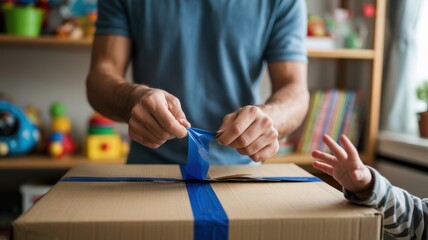 Caucasian male unboxing cardboard package with child in playroom setting