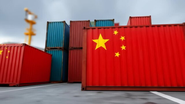 Shipping container China flag export import cargo transportation trade logistics industrial port with cargo ship and cloudy sky