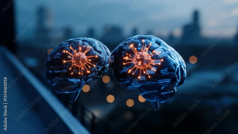 Poster artificial intelligence digital brain technology and neural network futuristic science cityscape, in
