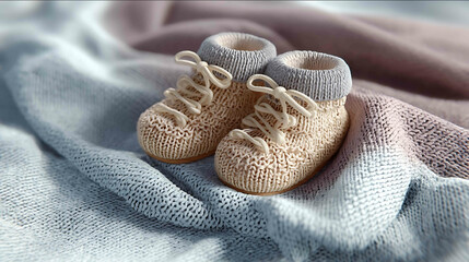 3D render of organic baby booties on soft blanket