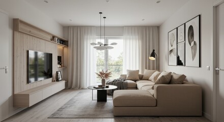 3D Interior Beige Living Room Design Home Decor Contemporary Style