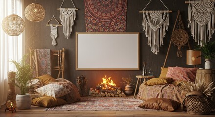 3d Interior Warm Boho Style Living Room with Fireplace Design and Decor