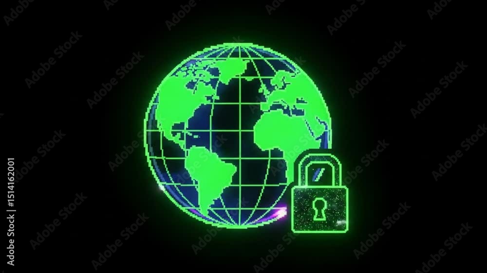 Poster animated green pixelated globe and padlock representing global internet security