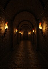 3D Rendered Dark Dungeon Tunnel Brick Stone Walls Lighted Torches