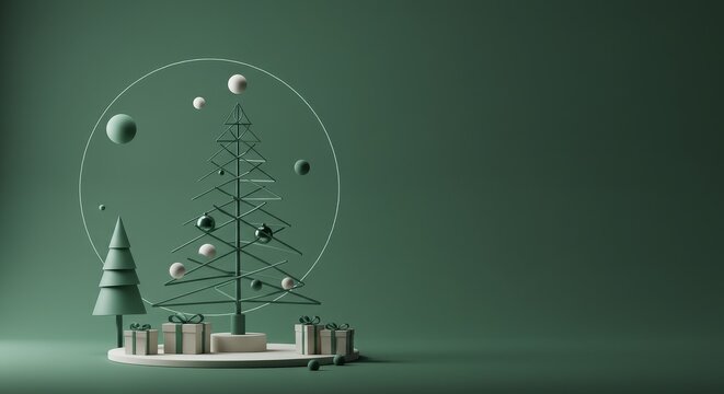 3D Render Christmas Tree Presents Green Background Holiday Decoration