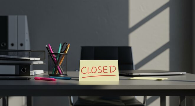 3D Rendered Image Business Closed Sign Atop Desk Office Equipment - Powered by Adobe