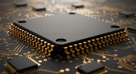 3d Rendering Tech Microchip Integrated Circuit Board Golden Pathways