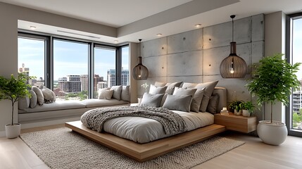 Contemporary bedroom setup with wooden elements high resolution photo
