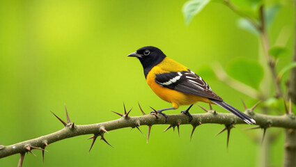 Colorful robin perched on a green tree branch in spring