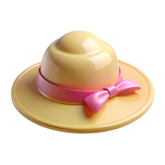 Fototapeta premium Yellow Straw Hat with Pink Band 3d icon in cartoon plastic style minimal isolated on transparent white background, clipping path
