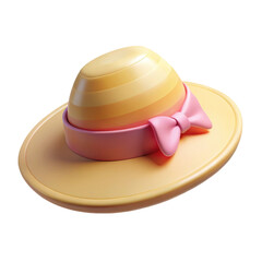Fototapeta premium Yellow Straw Hat with Pink Band 3d icon in cartoon plastic style minimal isolated on transparent white background, clipping path