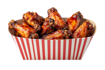 Delicious BBQ Chicken Wings in Red and White Striped Container on Transparent Background