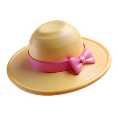 Fototapeta premium Yellow Straw Hat with Pink Band 3d icon in cartoon plastic style minimal isolated on transparent white background, clipping path