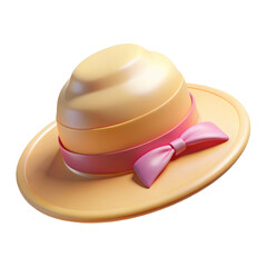 Fototapeta premium Yellow Straw Hat with Pink Band 3d icon in cartoon plastic style minimal isolated on transparent white background, clipping path
