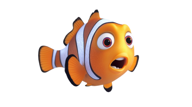 Cute orange white and black cartoon clownfish swimming in playful underwater motion isolated on white background